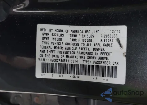 2014 Honda Accord Ex-L from USA, damaged, VIN 1HGCR2F86EA113014